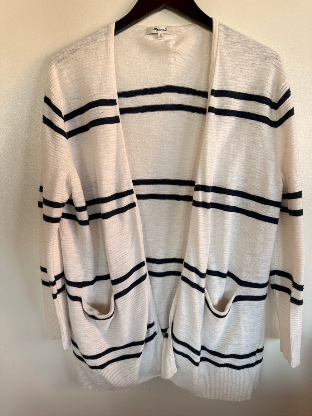 Madewell Ivory Open Front Cardigan with Black Stripes